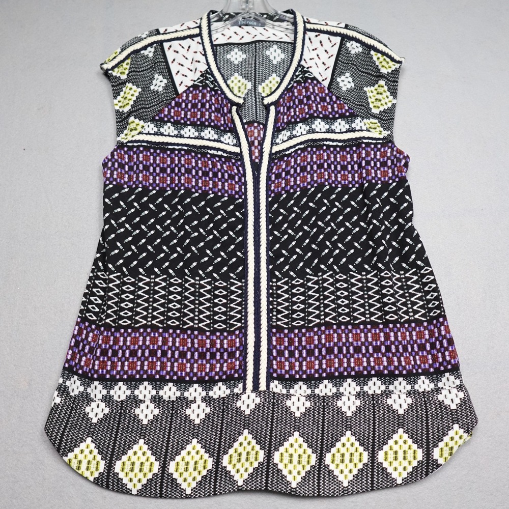 Lily Rain Blouse Women Small Black Purple Mixed Geometric Tribal Print Top
